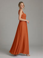 Modest Cinnamon Chiffon A-Line Straight Neck Ankle-Length Bridesmaid Dress - Curvevia