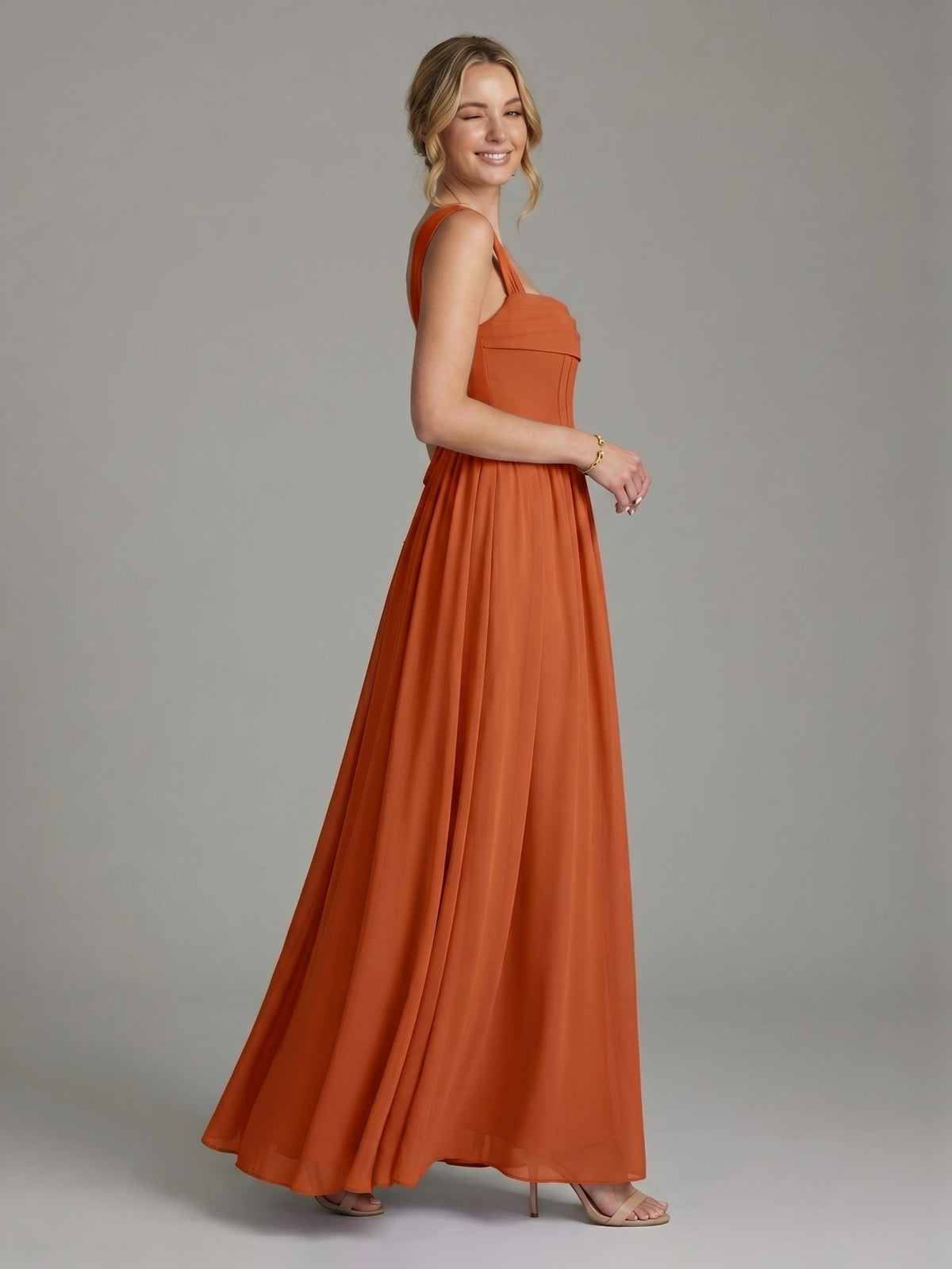 Modest Cinnamon Chiffon A-Line Straight Neck Ankle-Length Bridesmaid Dress - Curvevia