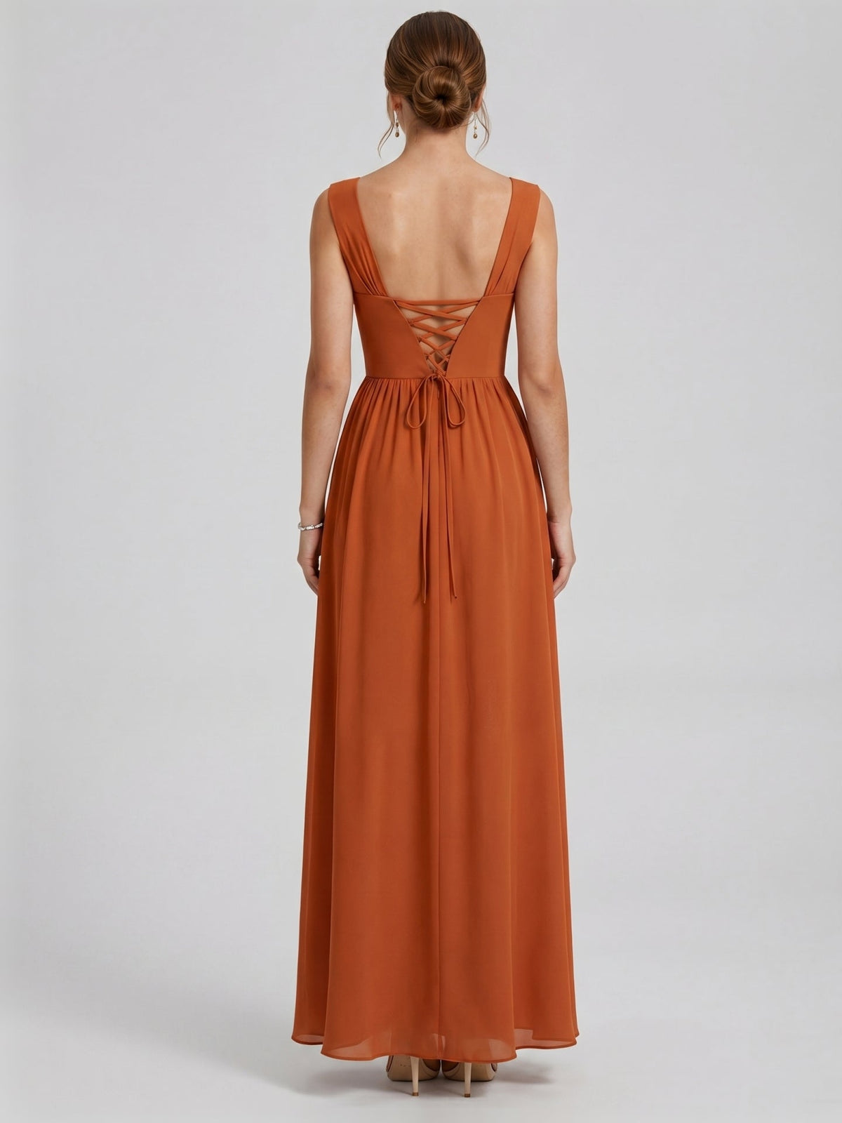 Modest Cinnamon Chiffon A-Line Straight Neck Ankle-Length Bridesmaid Dress - Curvevia