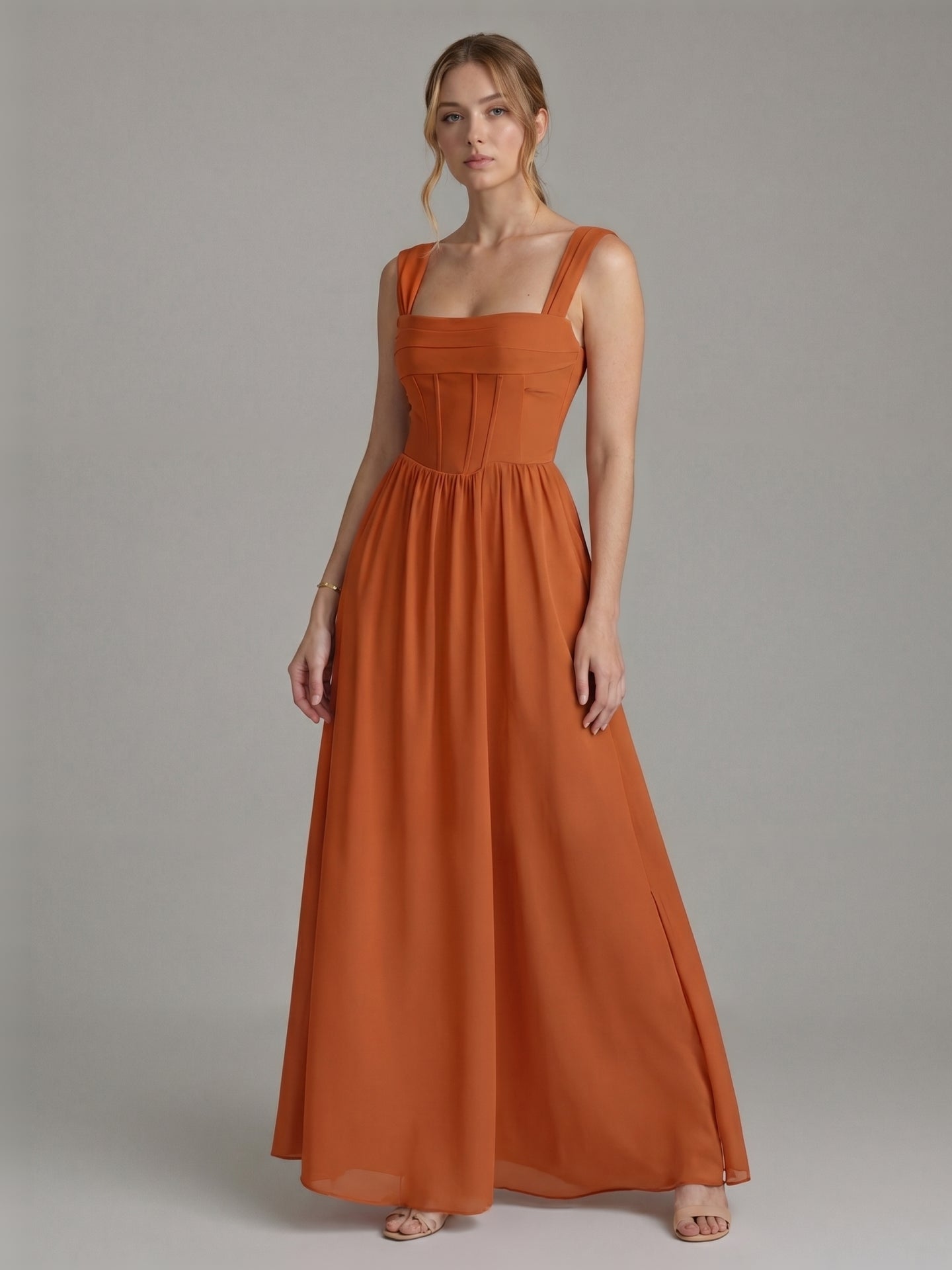 Modest Cinnamon Chiffon A-Line Straight Neck Ankle-Length Bridesmaid Dress - Curvevia