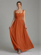 Modest Cinnamon Chiffon A-Line Straight Neck Ankle-Length Bridesmaid Dress - Curvevia