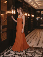 Modest Cinnamon Chiffon A-Line Straight Neck Ankle-Length Bridesmaid Dress - Curvevia
