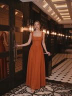 Modest Cinnamon Chiffon A-Line Straight Neck Ankle-Length Bridesmaid Dress - Curvevia