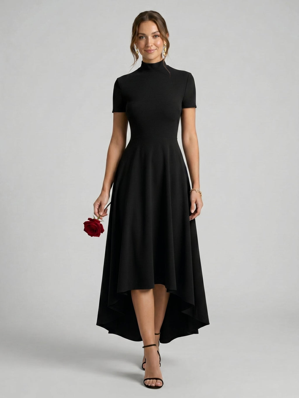 Modest Black Stretch Knit A-Line Scoop Neck Back Zip Asymmetrical Hem Bridesmaid Dress - Curvevia