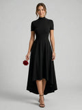 Modest Black Stretch Knit A-Line Scoop Neck Back Zip Asymmetrical Hem Bridesmaid Dress - Curvevia