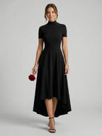 Modest Black Stretch Knit A-Line Scoop Neck Back Zip Asymmetrical Hem Bridesmaid Dress - Curvevia