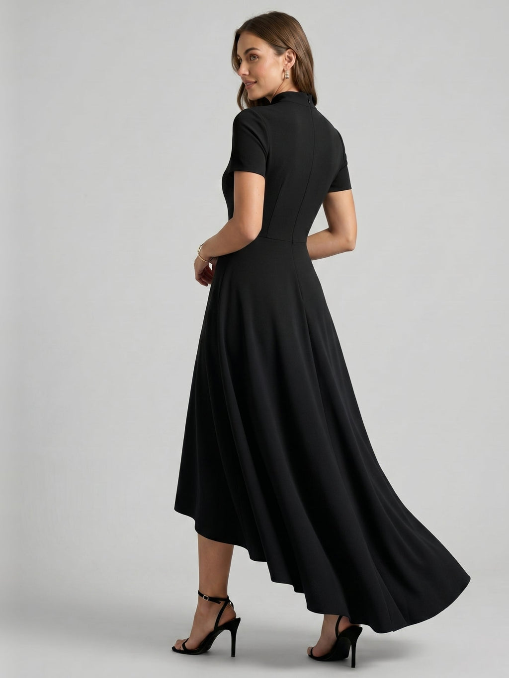 Modest Black Stretch Knit A-Line Scoop Neck Back Zip Asymmetrical Hem Bridesmaid Dress - Curvevia