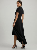 Modest Black Stretch Knit A-Line Scoop Neck Back Zip Asymmetrical Hem Bridesmaid Dress - Curvevia