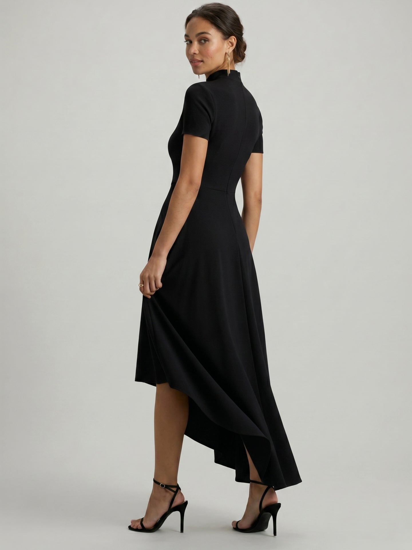 Modest Black Stretch Knit A-Line Scoop Neck Back Zip Asymmetrical Hem Bridesmaid Dress - Curvevia