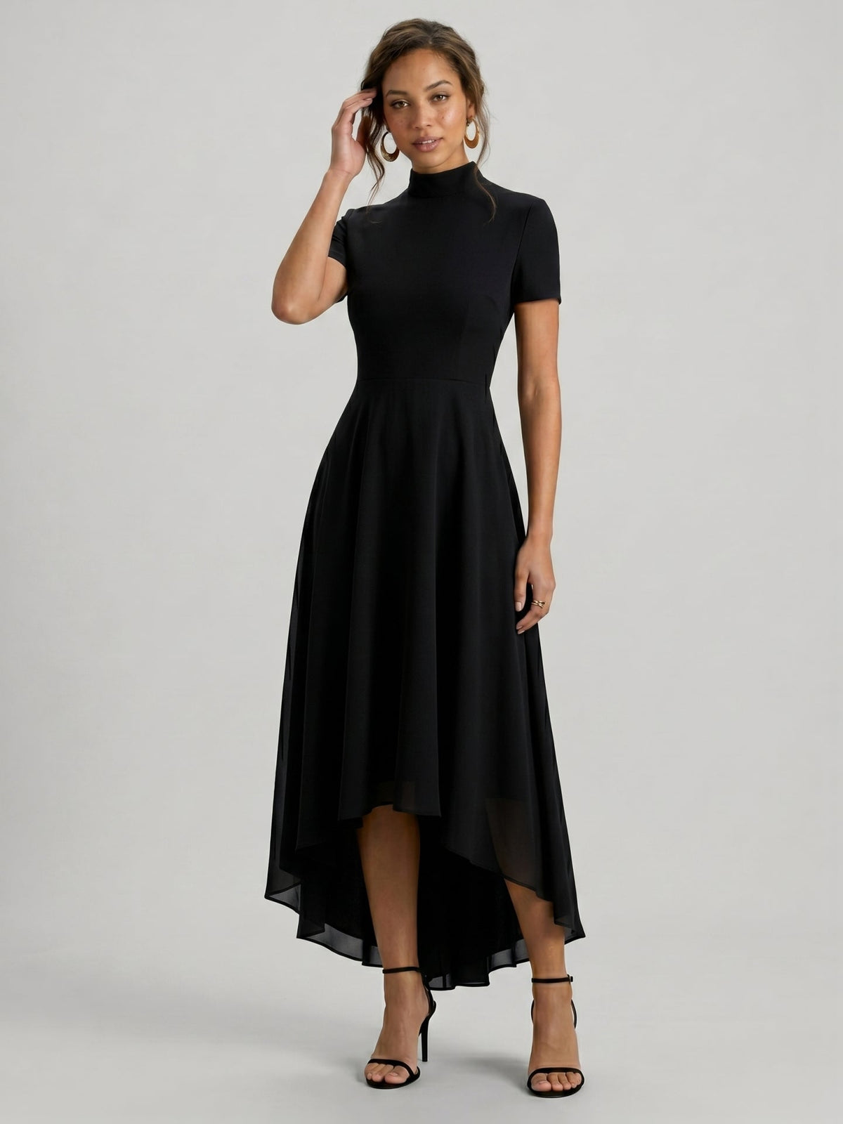 Modest Black Stretch Knit A-Line Scoop Neck Back Zip Asymmetrical Hem Bridesmaid Dress - Curvevia