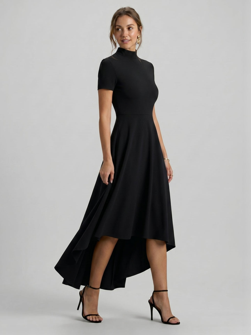 Modest Black Stretch Knit A-Line Scoop Neck Back Zip Asymmetrical Hem Bridesmaid Dress - Curvevia