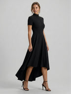 Modest Black Stretch Knit A-Line Scoop Neck Back Zip Asymmetrical Hem Bridesmaid Dress - Curvevia