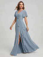Modest Dusty Blue Chiffon Empire V-Neck Back Zip with Ankle-Length Bridesmaid Dress - Curvevia