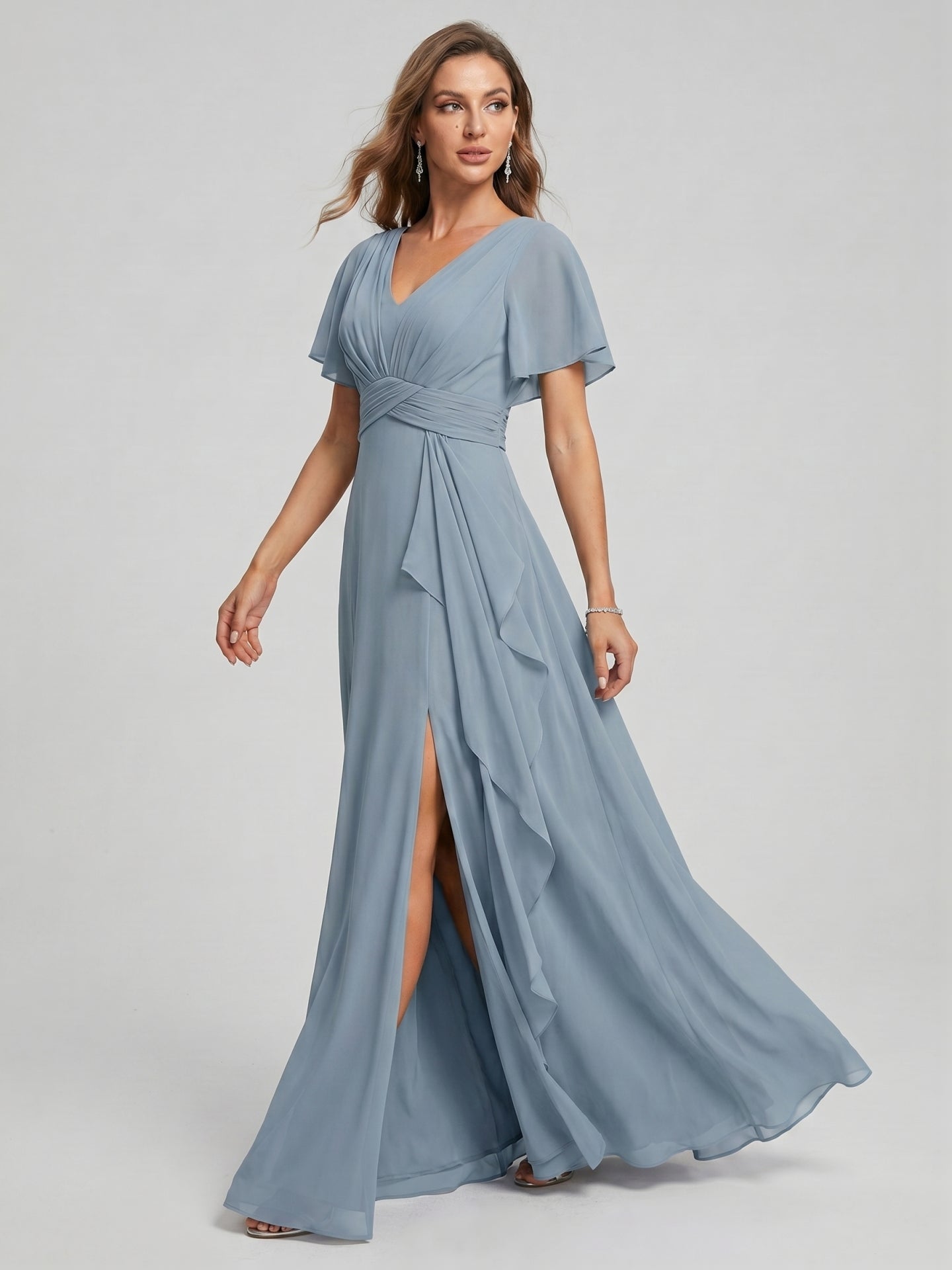 Modest Dusty Blue Chiffon Empire V-Neck Back Zip with Ankle-Length Bridesmaid Dress - Curvevia