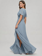 Modest Dusty Blue Chiffon Empire V-Neck Back Zip with Ankle-Length Bridesmaid Dress - Curvevia
