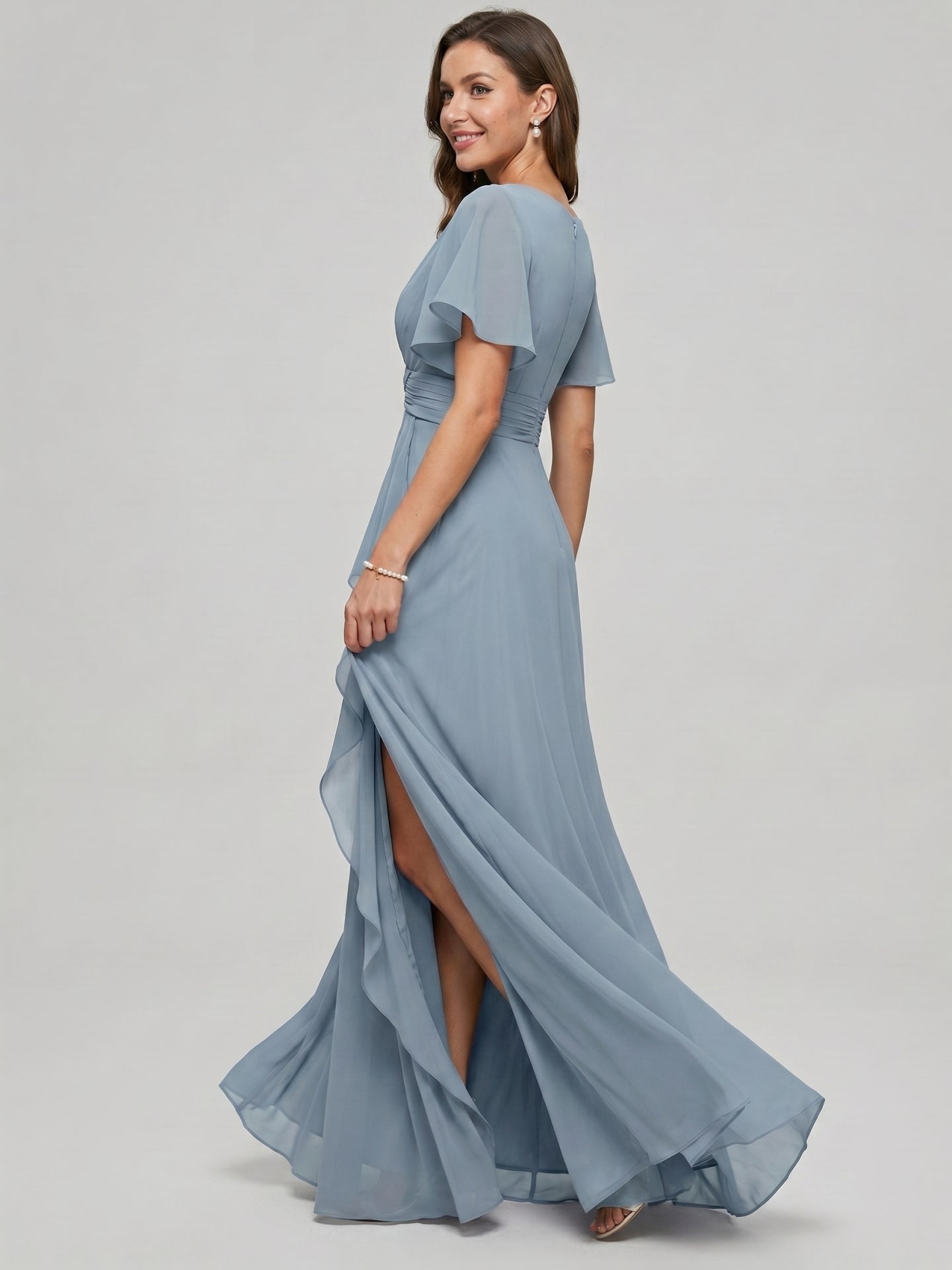 Modest Dusty Blue Chiffon Empire V-Neck Back Zip with Ankle-Length Bridesmaid Dress - Curvevia