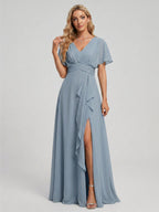 Modest Dusty Blue Chiffon Empire V-Neck Back Zip with Ankle-Length Bridesmaid Dress - Curvevia