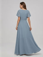 Modest Dusty Blue Chiffon Empire V-Neck Back Zip with Ankle-Length Bridesmaid Dress - Curvevia