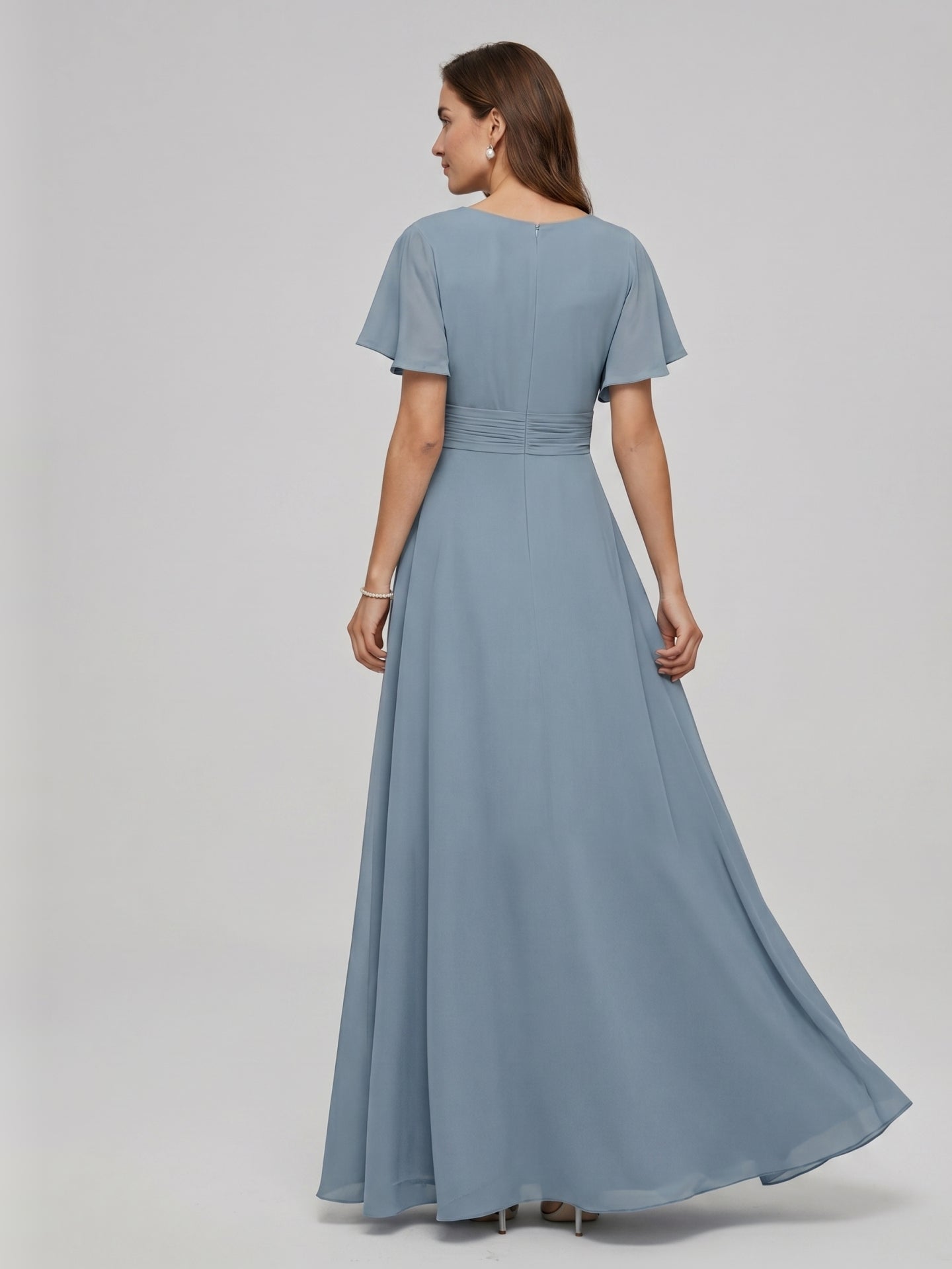 Modest Dusty Blue Chiffon Empire V-Neck Back Zip with Ankle-Length Bridesmaid Dress - Curvevia