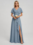 Modest Dusty Blue Chiffon Empire V-Neck Back Zip with Ankle-Length Bridesmaid Dress - Curvevia