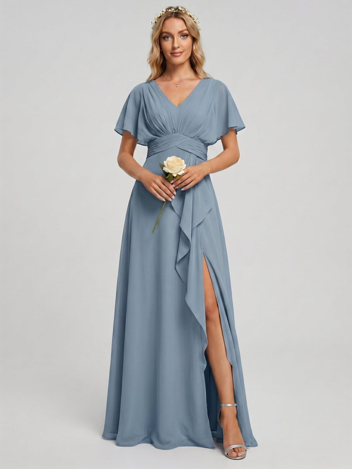 Modest Dusty Blue Chiffon Empire V-Neck Back Zip with Ankle-Length Bridesmaid Dress - Curvevia