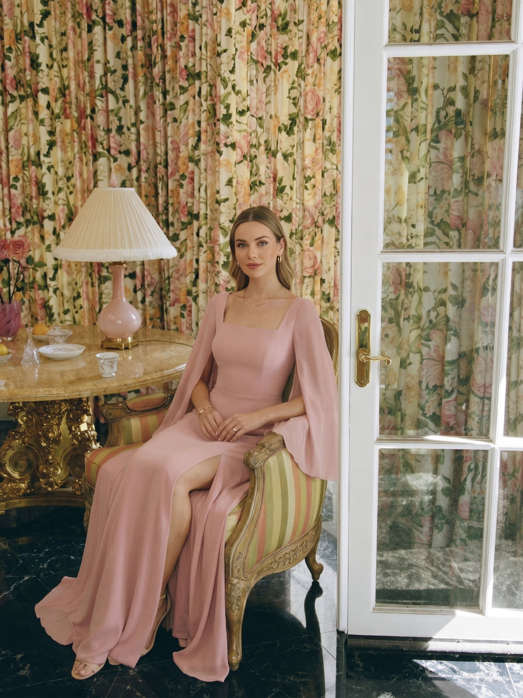 Modest Dusty Rose Chiffon A-Line Square Neck Backless Ankle-Length Bridesmaid Dress - Curvevia