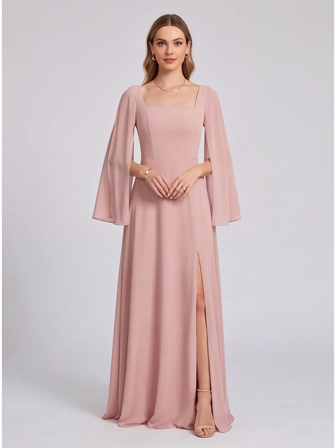 Modest Dusty Rose Chiffon A-Line Square Neck Backless Ankle-Length Bridesmaid Dress - Curvevia