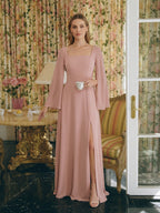 Modest Dusty Rose Chiffon A-Line Square Neck Backless Ankle-Length Bridesmaid Dress - Curvevia