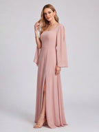 Modest Dusty Rose Chiffon A-Line Square Neck Backless Ankle-Length Bridesmaid Dress - Curvevia