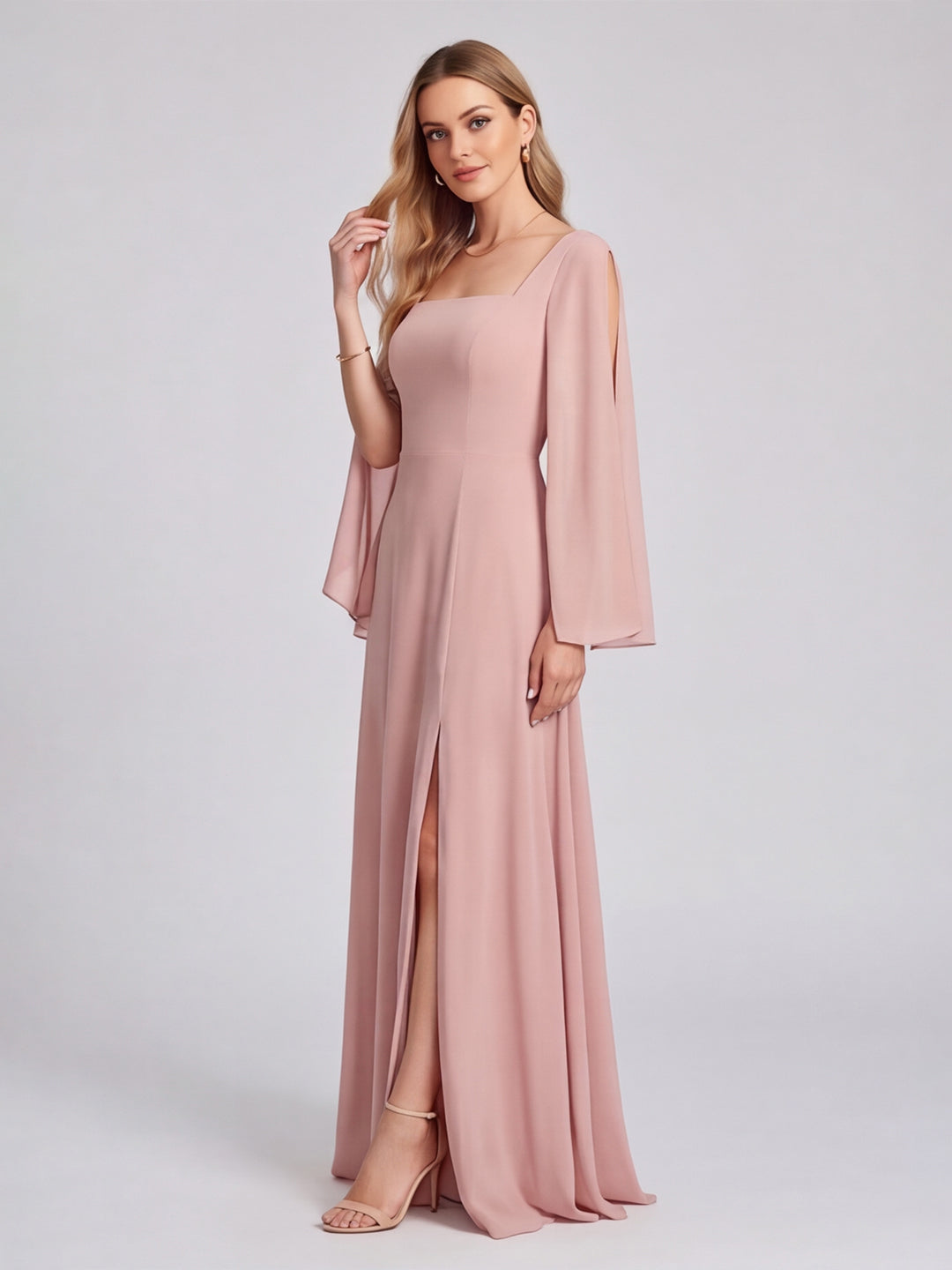 Modest Dusty Rose Chiffon A-Line Square Neck Backless Ankle-Length Bridesmaid Dress - Curvevia