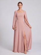 Modest Dusty Rose Chiffon A-Line Square Neck Backless Ankle-Length Bridesmaid Dress - Curvevia