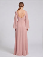 Modest Dusty Rose Chiffon A-Line Square Neck Backless Ankle-Length Bridesmaid Dress - Curvevia