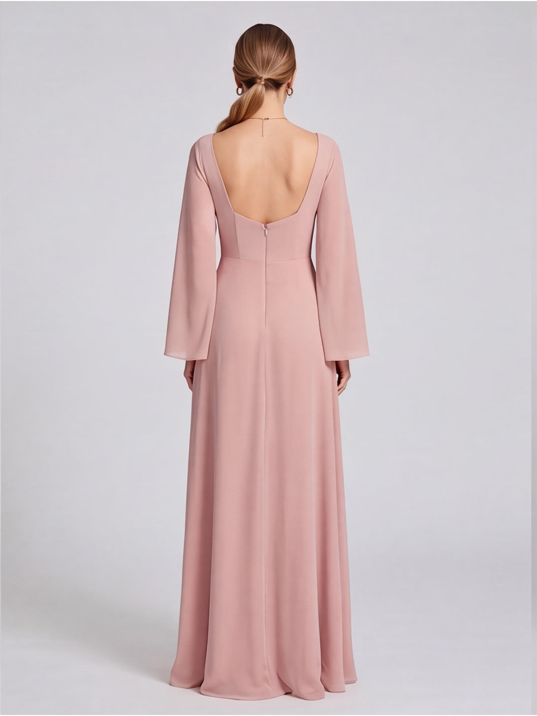 Modest Dusty Rose Chiffon A-Line Square Neck Backless Ankle-Length Bridesmaid Dress - Curvevia