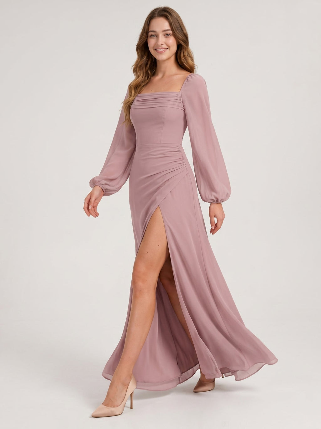 Modest Dusty Rose Chiffon A-Line Square Neck Backless with Lace Trim Ankle-Length Bridesmaid Dress - Curvevia