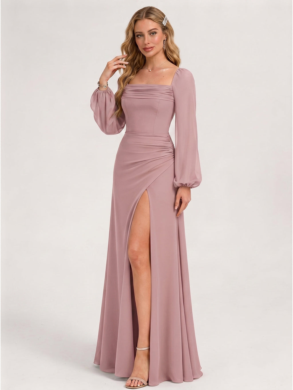 Modest Dusty Rose Chiffon A-Line Square Neck Backless with Lace Trim Ankle-Length Bridesmaid Dress - Curvevia