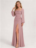 Modest Dusty Rose Chiffon A-Line Square Neck Backless with Lace Trim Ankle-Length Bridesmaid Dress - Curvevia