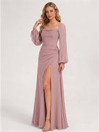 Modest Dusty Rose Chiffon A-Line Square Neck Backless with Lace Trim Ankle-Length Bridesmaid Dress - Curvevia
