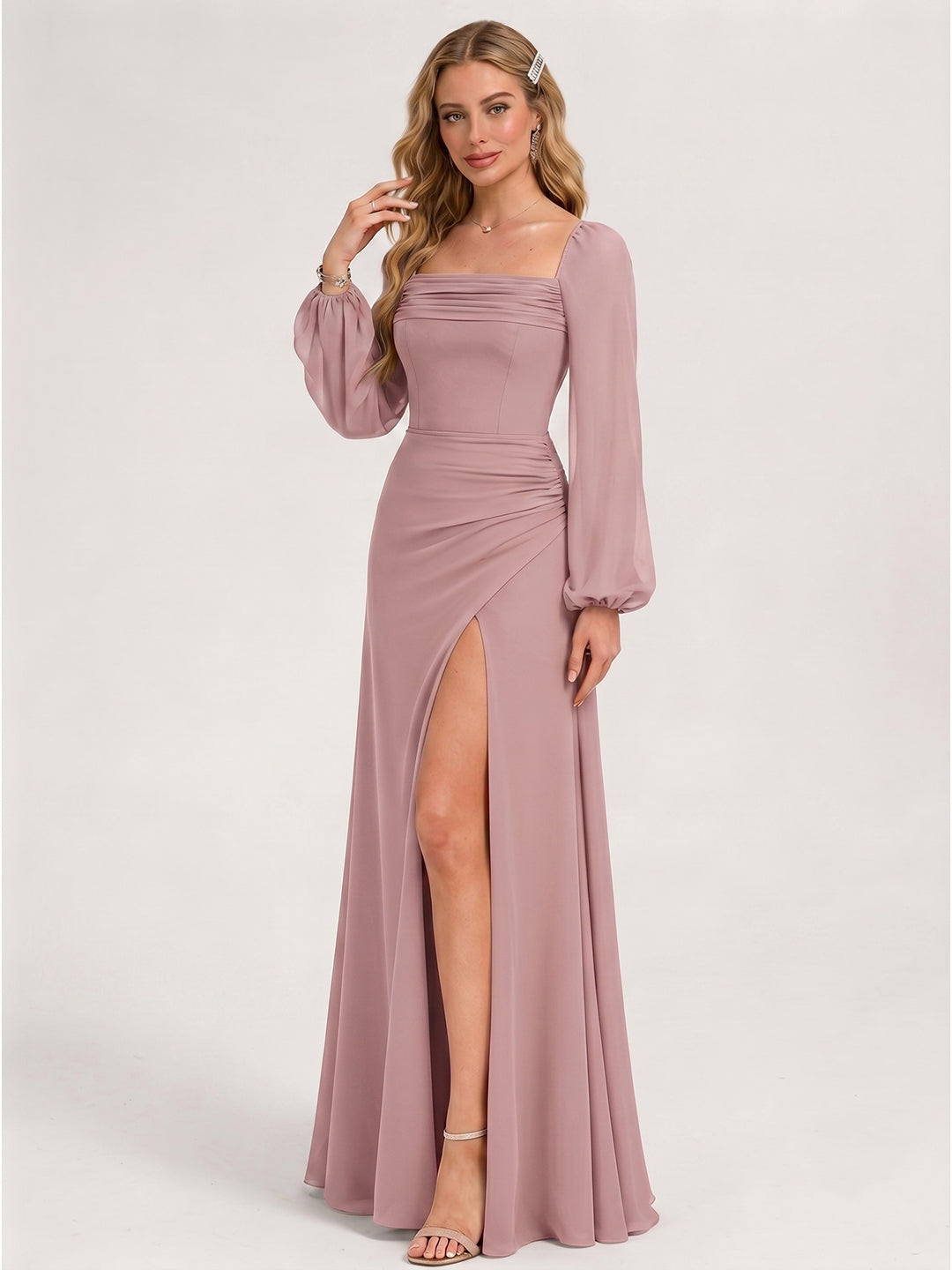 Modest Dusty Rose Chiffon A-Line Square Neck Backless with Lace Trim Ankle-Length Bridesmaid Dress - Curvevia