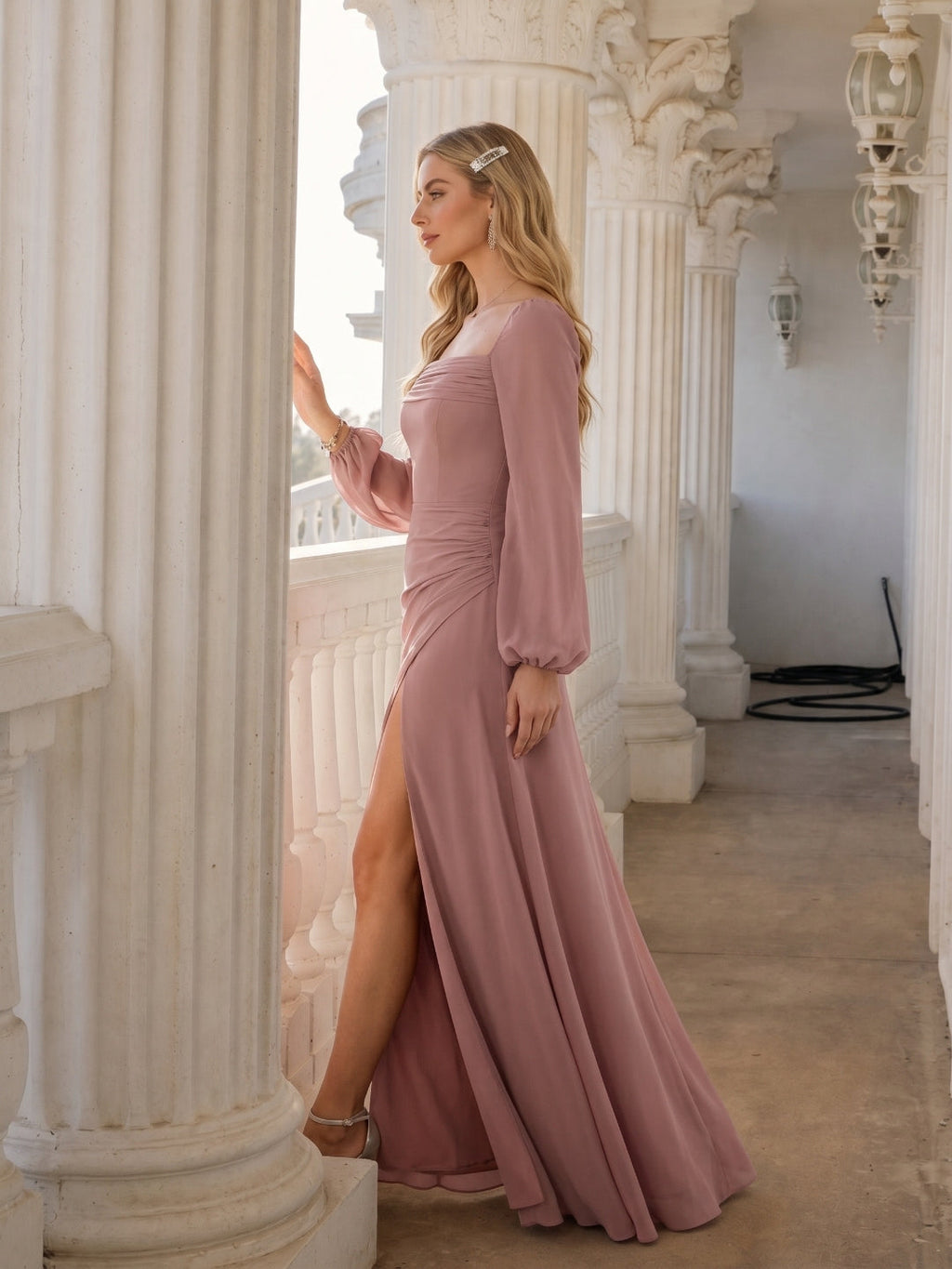 Modest Dusty Rose Chiffon A-Line Square Neck Backless with Lace Trim Ankle-Length Bridesmaid Dress - Curvevia