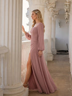 Modest Dusty Rose Chiffon A-Line Square Neck Backless with Lace Trim Ankle-Length Bridesmaid Dress - Curvevia