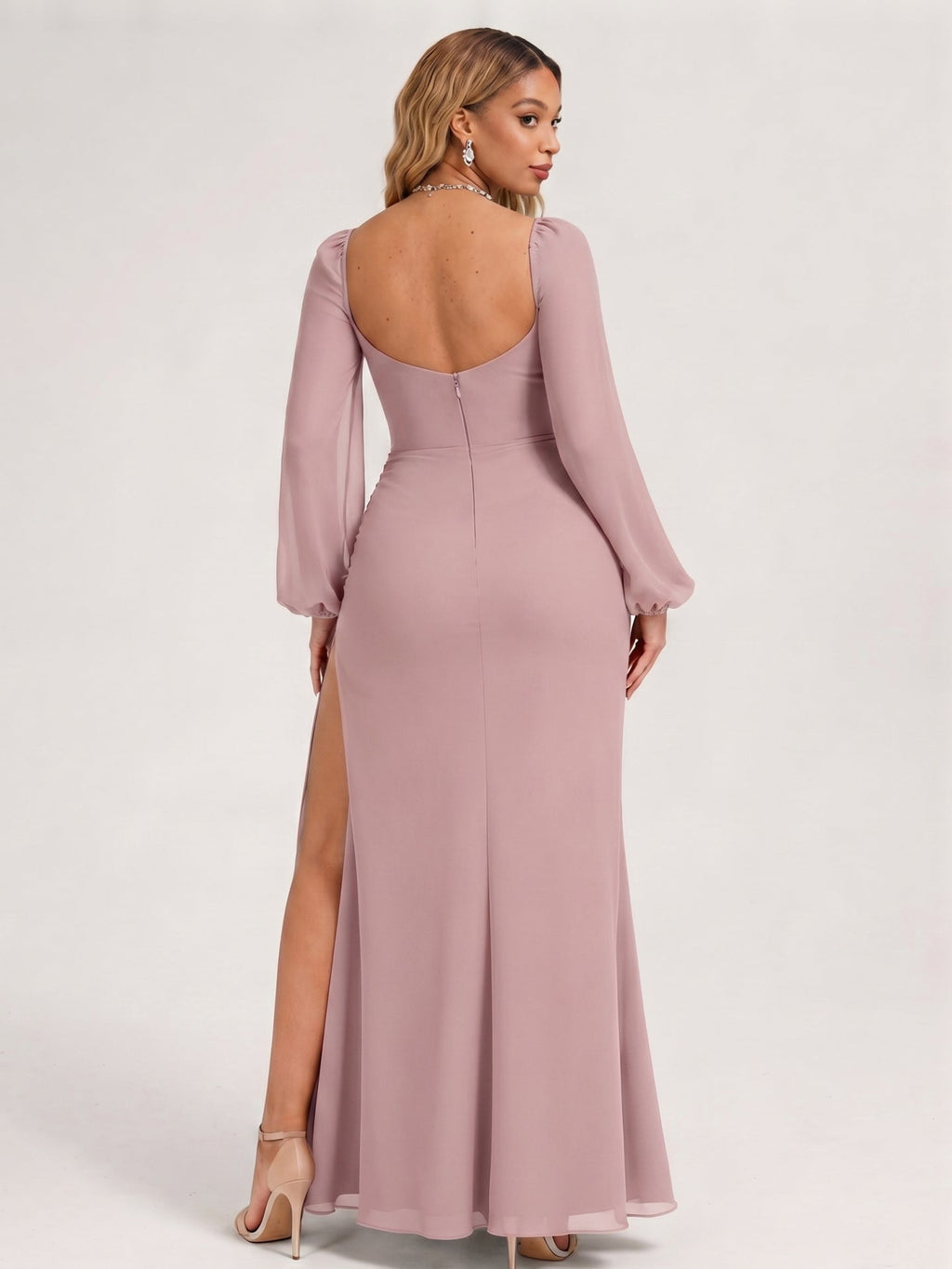 Modest Dusty Rose Chiffon A-Line Square Neck Backless with Lace Trim Ankle-Length Bridesmaid Dress - Curvevia