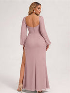 Modest Dusty Rose Chiffon A-Line Square Neck Backless with Lace Trim Ankle-Length Bridesmaid Dress - Curvevia