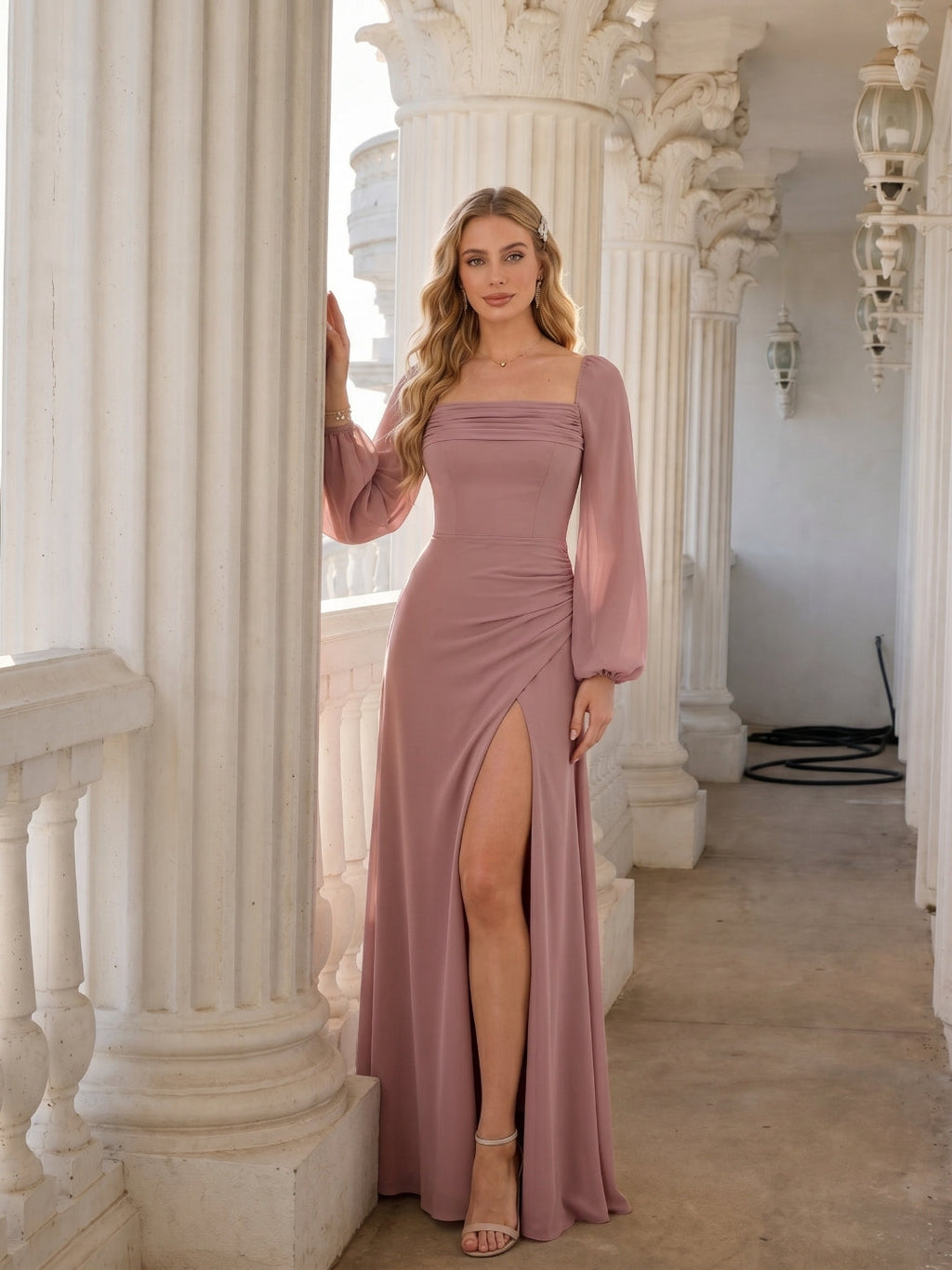 Modest Dusty Rose Chiffon A-Line Square Neck Backless with Lace Trim Ankle-Length Bridesmaid Dress - Curvevia