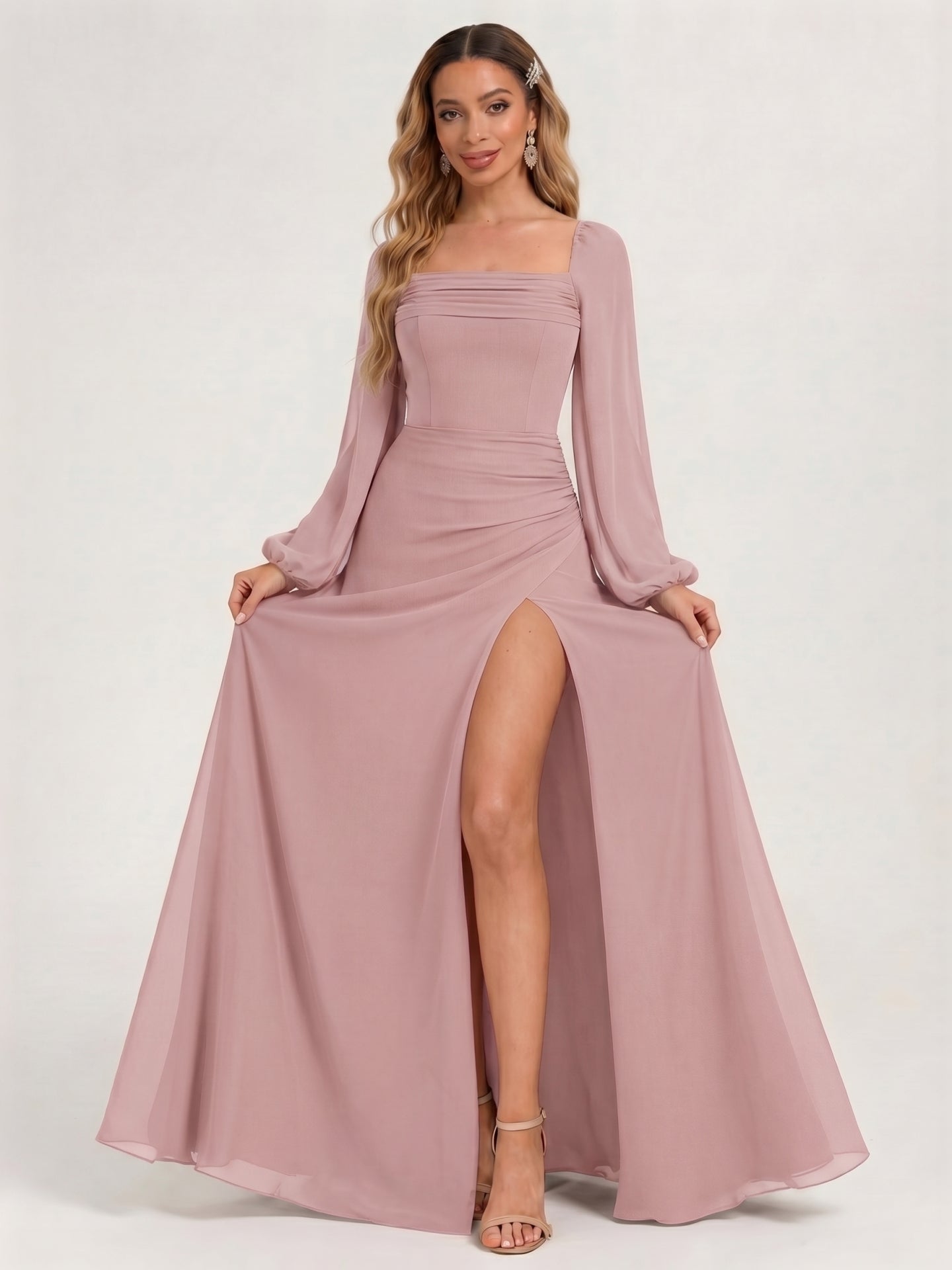 Modest Dusty Rose Chiffon A-Line Square Neck Backless with Lace Trim Ankle-Length Bridesmaid Dress - Curvevia