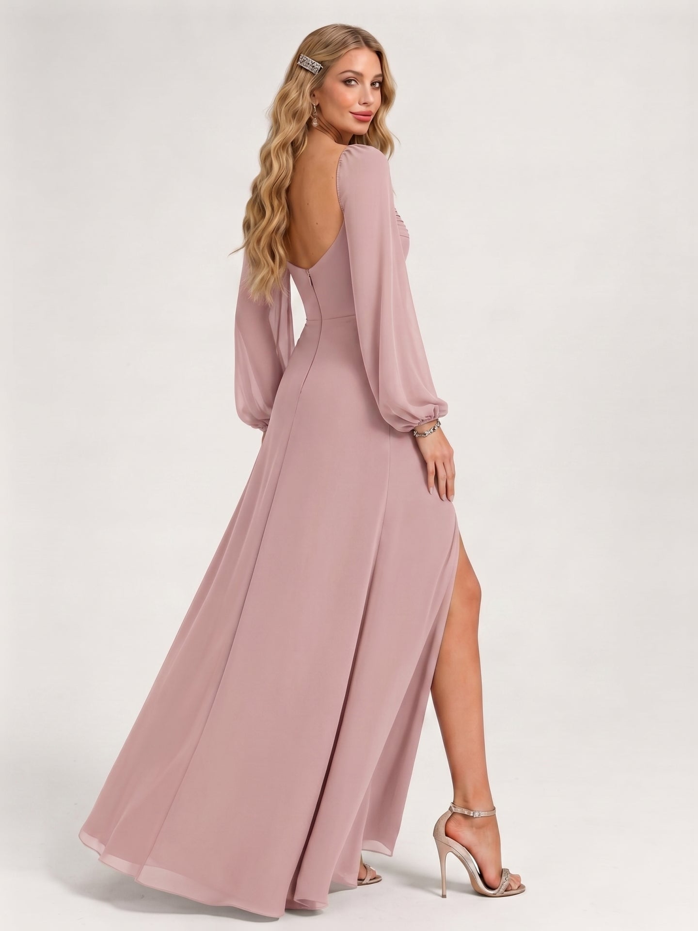 Modest Dusty Rose Chiffon A-Line Square Neck Backless with Lace Trim Ankle-Length Bridesmaid Dress - Curvevia