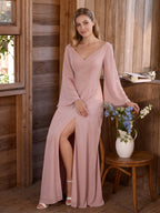 Modest Dusty Rose Chiffon column V-Neck Ankle-Length Bridesmaid Dress with Minimalist Design - Curvevia