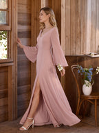 Modest Dusty Rose Chiffon column V-Neck Ankle-Length Bridesmaid Dress with Minimalist Design - Curvevia