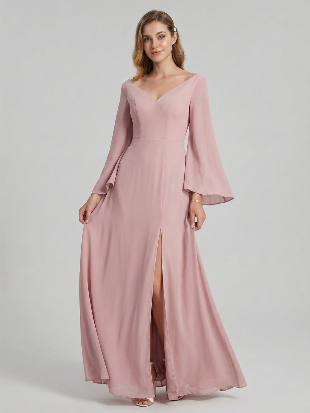 Modest Dusty Rose Chiffon column V-Neck Ankle-Length Bridesmaid Dress with Minimalist Design - Curvevia