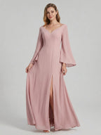 Modest Dusty Rose Chiffon column V-Neck Ankle-Length Bridesmaid Dress with Minimalist Design - Curvevia