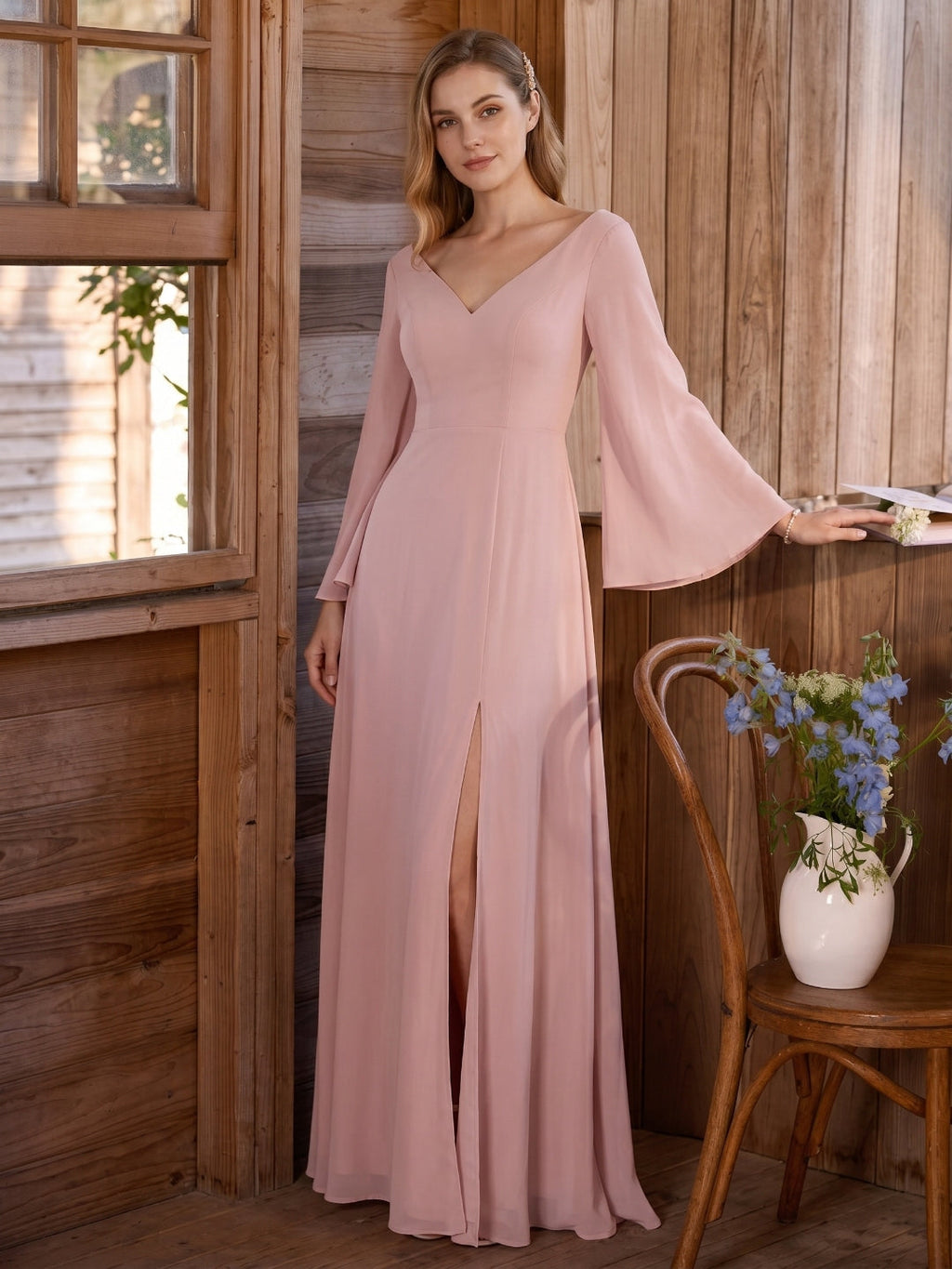 Modest Dusty Rose Chiffon column V-Neck Ankle-Length Bridesmaid Dress with Minimalist Design - Curvevia